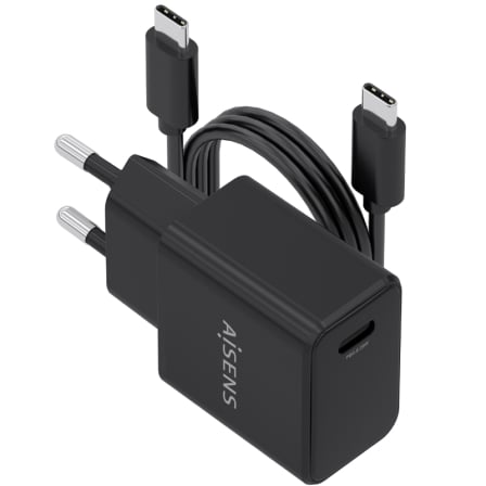 Cargador de Pared GaN Aisens ASCH-20W1P082-BK/ 1xUSB Tipo-C/ 20W/ Incluye Cable USB Tipo-C