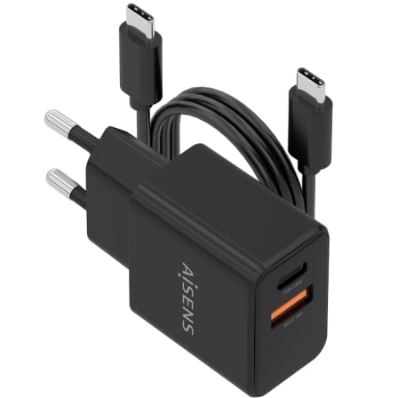 Cargador de Pared GaN Aisens ASCH-20W2P084-BK/ 1xUSB Tipo-C/ 1xUSB/ 20W/ Incluye Cable USB Tipo-C