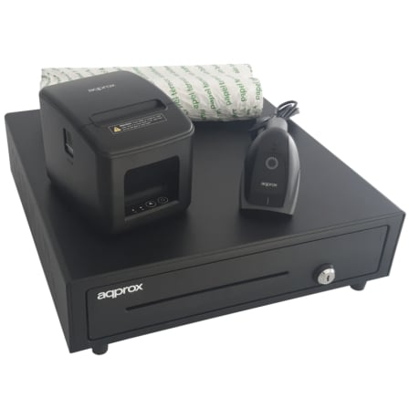 Pack para TPV Approx appPOSPACK4180USB-2D/ Cajón Portamonedas + Impresora Térmica de Tickets + Lector de Códigos + Rollos Térmicos