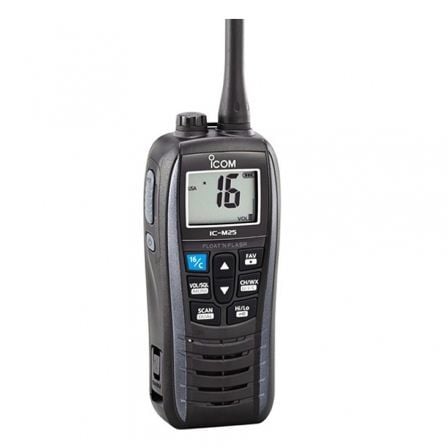 VHF Portátil Icom IC-M25  GRIS Euro/ Bandas Laterales/ Protección IPX7/ Flota y Parpadea/ Batería de Litio 1500mAh/ Autonomía 11h/ Conector Carga Micr