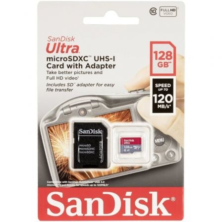 Tarjeta de Memoria SanDisk Ultra 128GB microSDXC UHS-I con Adaptador/ Clase 10/ 120MBs