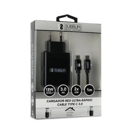 Cargador de Pared Subblim SUB-CHG-3WPD02/ USB + Cable USB Tipo-C/ 2.4A/ Negro