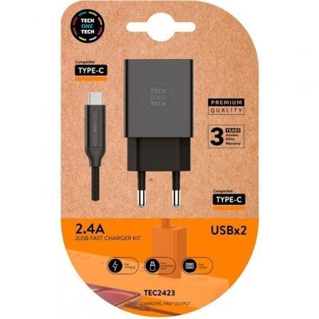 Cargador de Pared Tech One Tech TEC2423/ 2xUSB + Cable USB Tipo-C/ 2.4A/ Negro