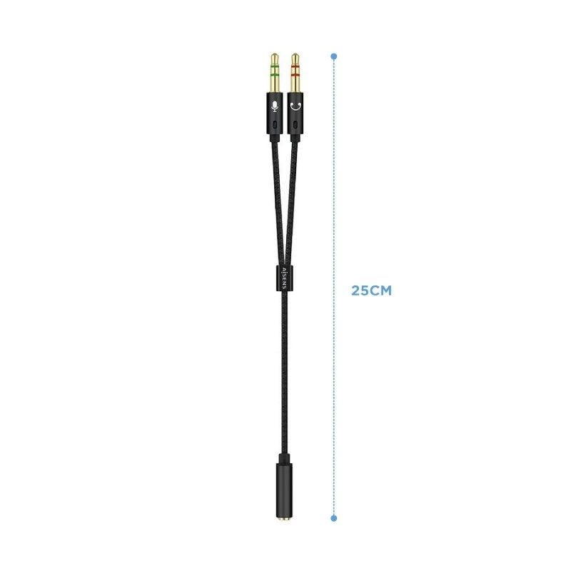 Cable Estéreo Aisens A128-0418/ Jack 3.5 Hembra - 2x Jack 3.5 Macho/ 25cm/ Negro