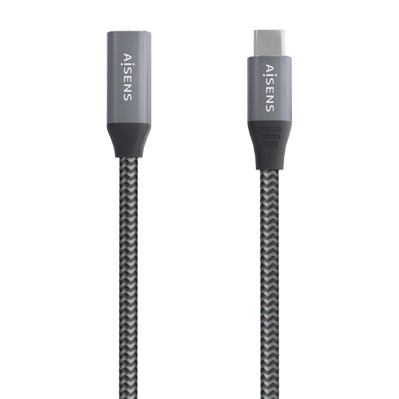 Cable Alargador USB 3.2 Aisens A107-0760/ USB Tipo-C Macho - USB Tipo-C Hembra/ Hasta 100W/ 20Gbps/ 50cm/ Gris