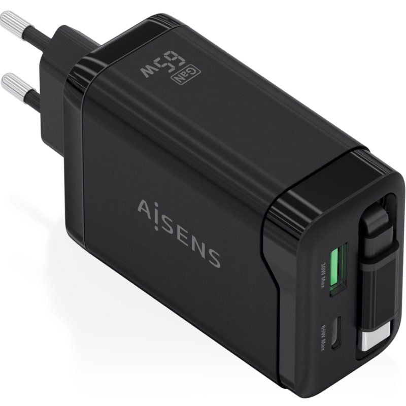 Cargador de Pared GaN Aisens ASCH-65W3P071-BK/ 1xUSB Tipo-C/ 1xUSB/ 65W/ Negro