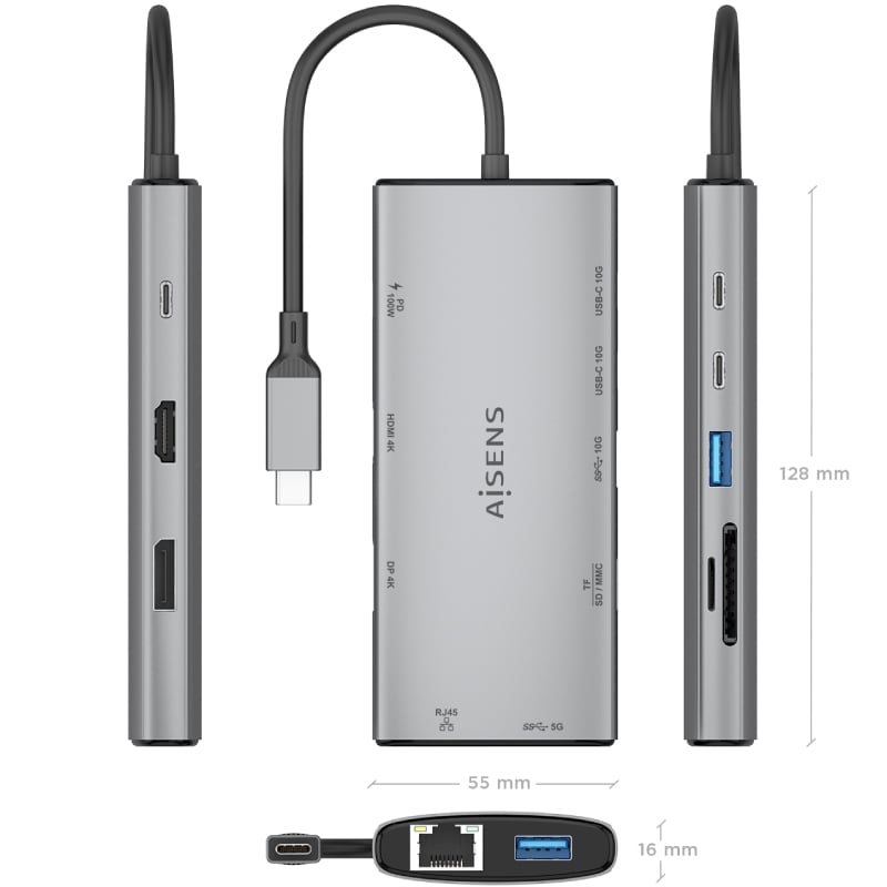 Docking USB Tipo-C Aisens ASUC-10P050-GR/ 1xDisplayPort/ 1xHDMI 4K/ 1xRJ45/ 2xUSB/ 2xUSB Tipo-C/ 1xUSB Tipo-C PD/ 1xLector de Tarjetas/ Gris