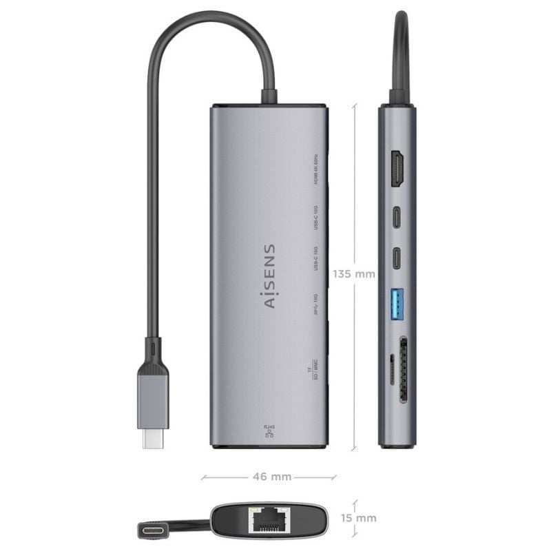 Docking USB Tipo-C Aisens ASUC-7P032-GR/ 1xHDMI 4K/ 1xUSB/ 2xUSB Tipo-C/ 1xRJ45/ 1xLector Tarjetas/ Gris