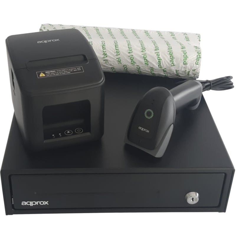 Pack para TPV Approx appPOSPACK3380USB-2D/ Cajón Portamonedas + Impresora Térmica de Tickets + Lector de Códigos + Rollos Térmicos