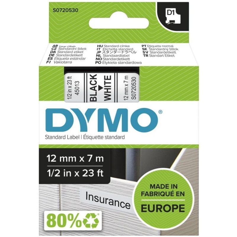 Cinta rotuladora adhesiva de plástico dymo d1 45013/ para label manager/ 12mm x 7m/ negra-blanca