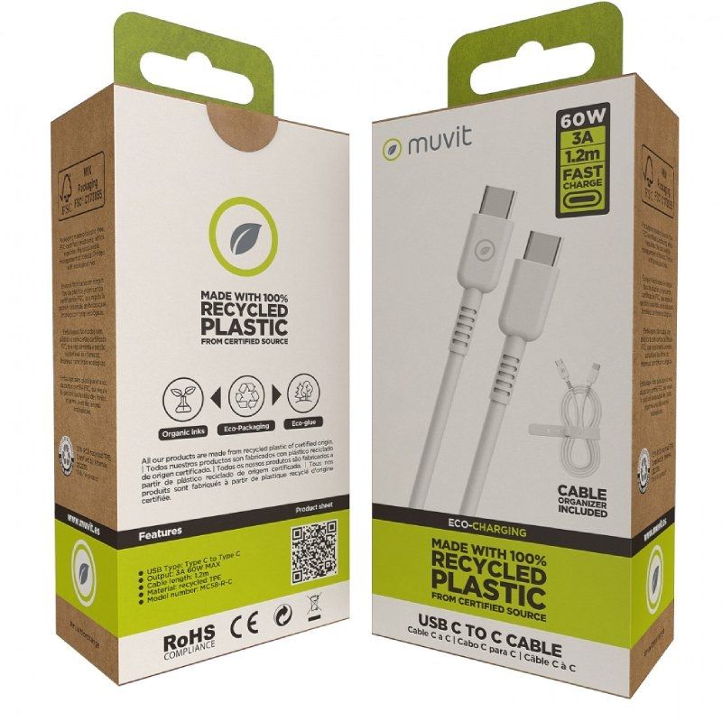 Cable USB 2.0 Tipo-C Muvit For Change MCUSC0008/ USB Tipo-C Macho - USB Tipo-C/ Hasta 60W/ 480Mbps/ 1.2m/ Blanco
