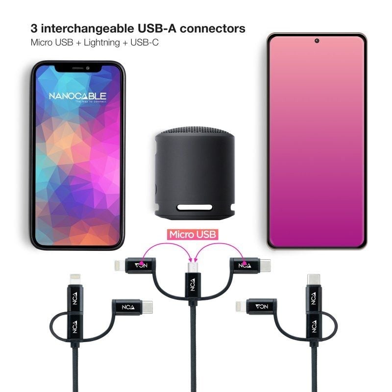 Cable USB 2.0 Nanocable 10.01.3200/ Lightning Macho - Micro USB Macho/ USB Tipo-C Macho/ 480Mbps/ 1m/ Negro