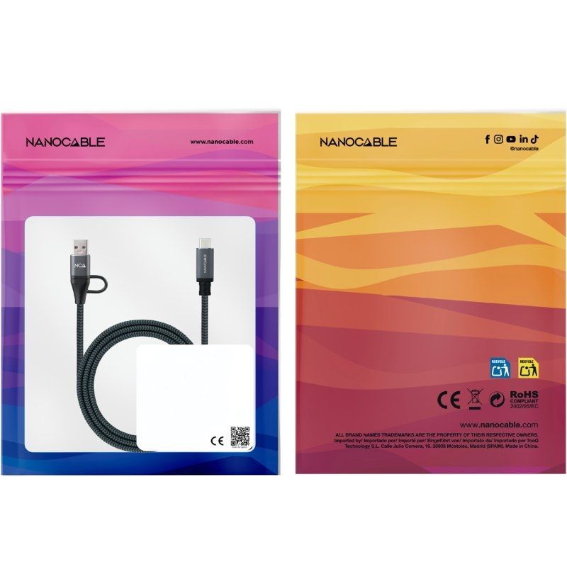 Cable USB 3.2 Tipo-C Nanocable 10.01.4111-L150-COMB/ USB Tipo-C Macho + USB Macho - USB Tipo-C Macho/ Hasta 100W/ 20Gbps/ 1.5m/ Gris y Negro
