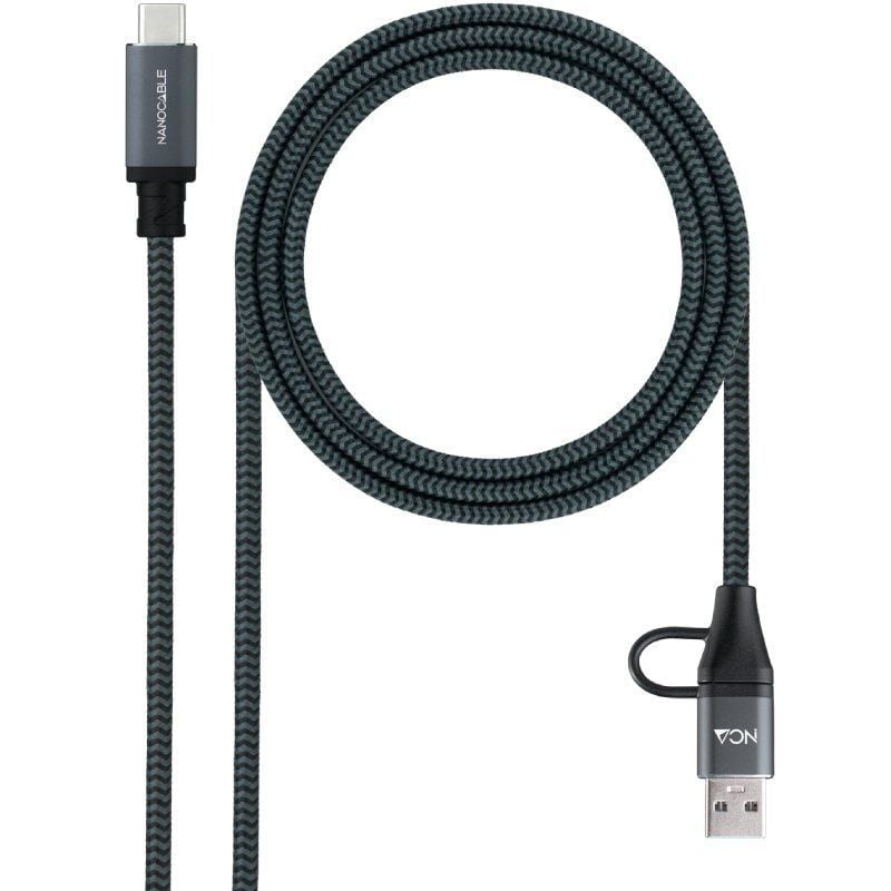 Cable USB 3.2 Tipo-C Nanocable 10.01.4113-COMB/ USB Tipo-C Macho + USB Macho – USB Tipo-C Macho/ Hasta 100W/ 20Gbps/ 3m/ Gris y Negro