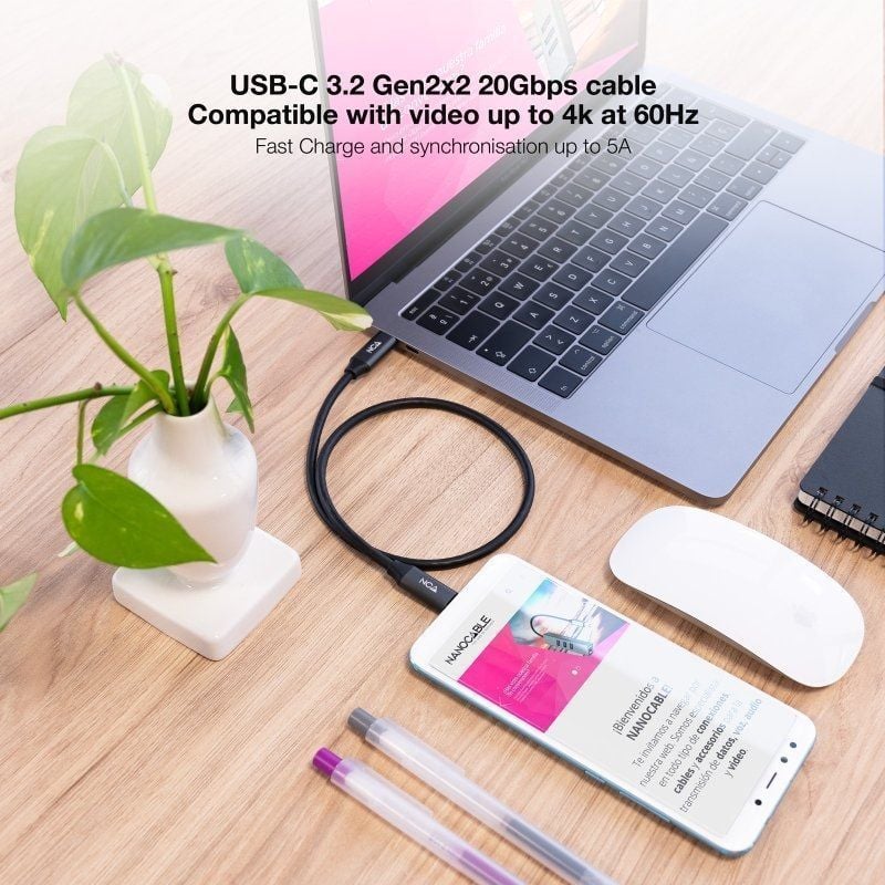 Cable USB 3.2 Tipo-C Nanocable 10.01.4301-L150/ USB Tipo-C Macho - USB Tipo-C Macho/ Hasta 100W/ 20Gbps/ 1.5m/ Gris y Negro