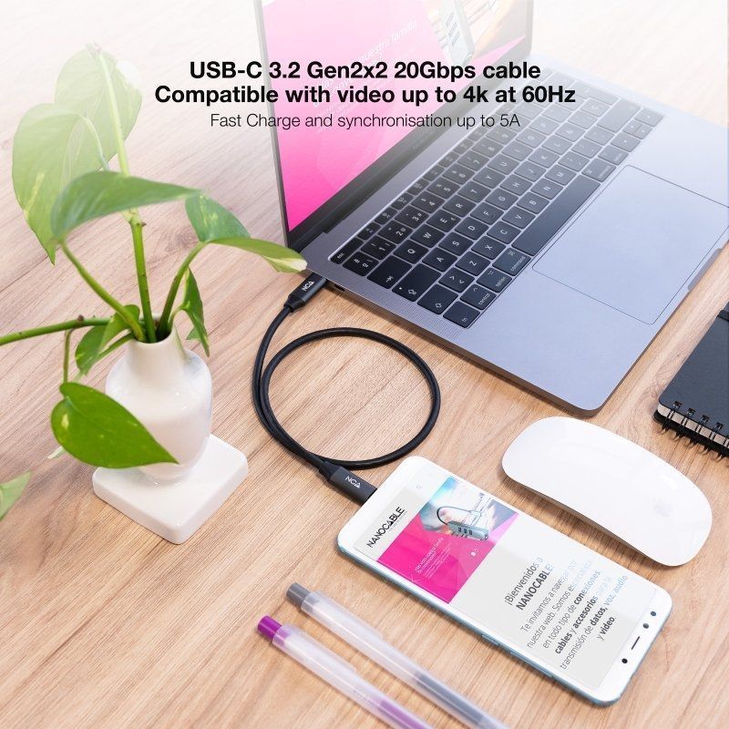 Cable USB 3.2 Nanocable 10.01.4302/ USB Tipo-C Macho - USB Tipo-C Macho/ Hasta 100W/ 20Gbps/ 2m/ Gris y Negro