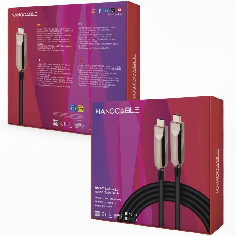 Cable USB 3.2 Tipo-C AOC Nanocable 10.01.4615/ USB Tipo-C Macho - USB Tipo-C Macho/ Hasta 60W/ 10Gbps/ 15m/ Negro