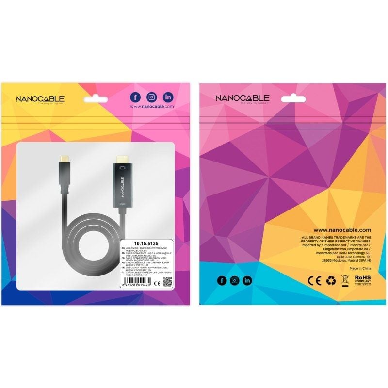 Cable Conversor Nanocable 10.15.5135/ USB Tipo-C Macho - HDMI Macho/ 5m/ Negro