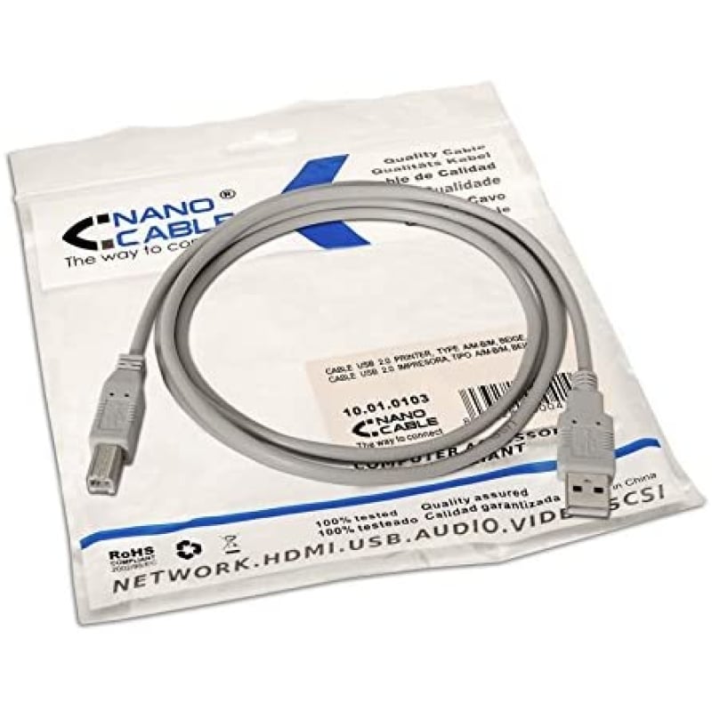 Cable USB 2.0 Impresora Nanocable 10.01.0103/ USB Tipo-B Macho - USB Macho/ 1.8m/ Beige