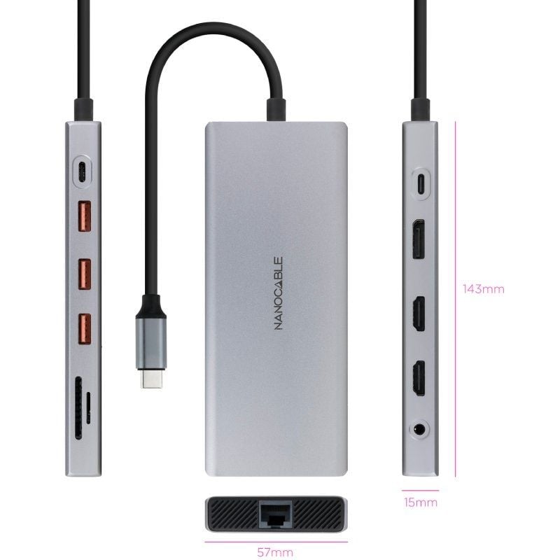 Docking Tipo-C Nanocable 10.16.4612/ 3xUSB/ 1xUSB Tipo-C/ 2xHDMI 4K/ 1xDisplayPort/ 1xRJ45/ 1xLector tarjetas/ 1xJack 3.5/ 1xUSB Tipo-C PD/ Gris