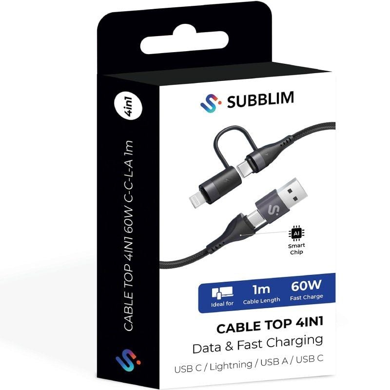Cable USB 2.0 Tipo-C Subblim Top 4 en 1/ USB Tipo-C Macho - USB Macho/ USB Tipo-C Macho - Lightning Macho/ Hasta 60W/ 480Mbps/ 1m/ Negro