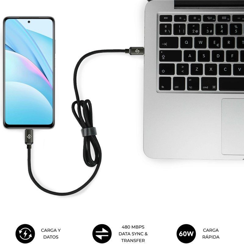 Cable USB 2.0 Tipo-C Subblim Optimus/ USB Tipo-C Macho - USB Tipo-C Macho/ Hasta 60W/ 480Mbps/ 2m/ Negro