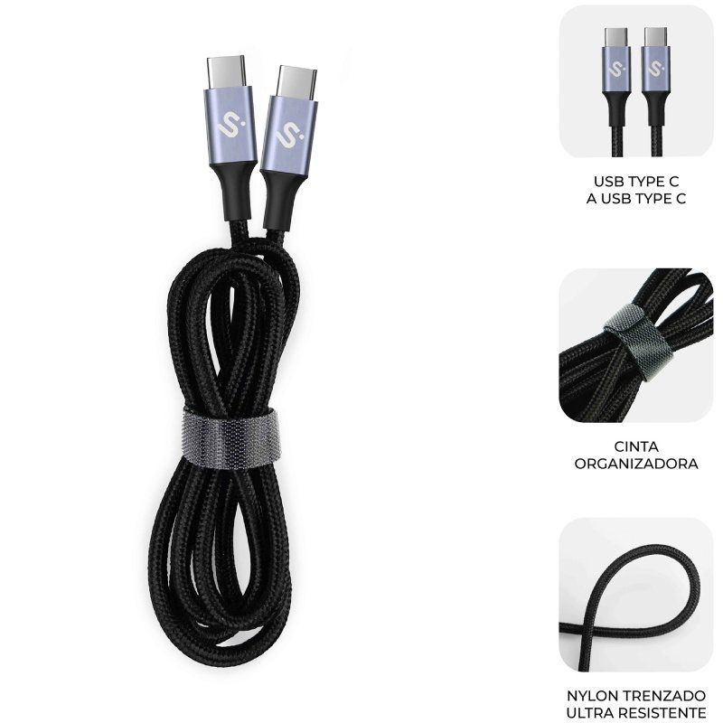 Cable USB 2.0 Tipo-C Subblim Plus/ USB Tipo-C Macho - USB Tipo-C Macho/ Hasta 100W/ 480Mbps/ 2m/ Negro