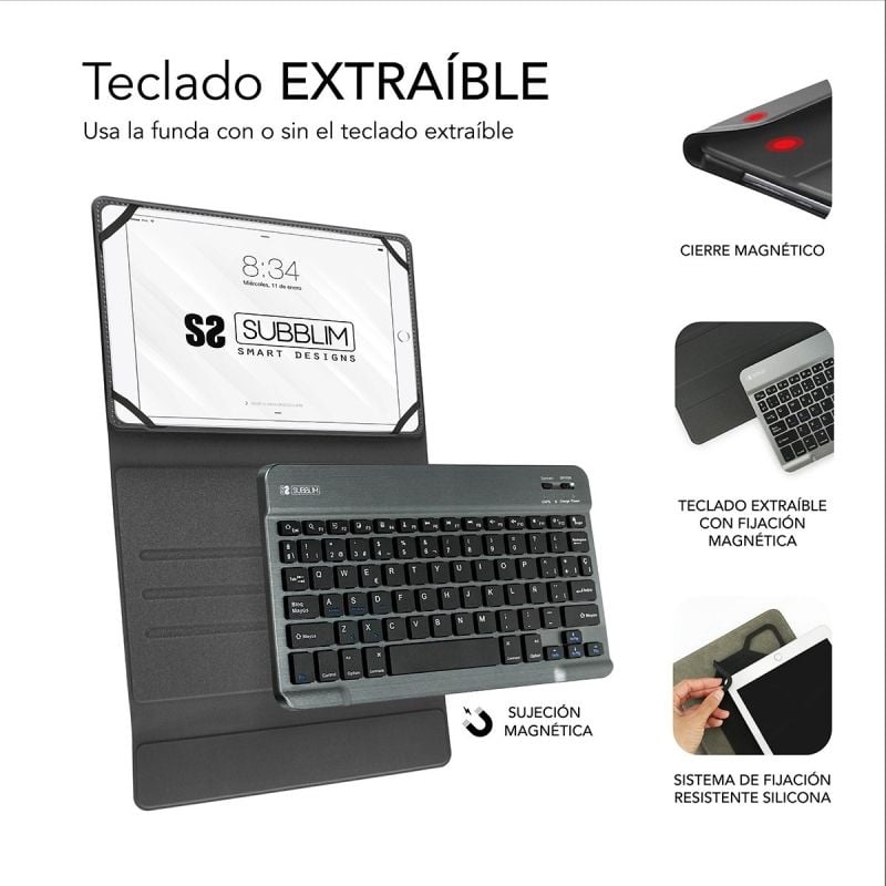Funda con Teclado Subblim Keytab Pro Bluetooth para Tablets de 9.6"-10.8"/ Gris