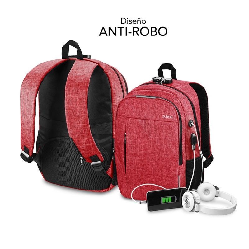 Mochila Subblim Urban Lock para Portátiles hasta 16"/ Puerto USB/ Antirrobo/ Roja