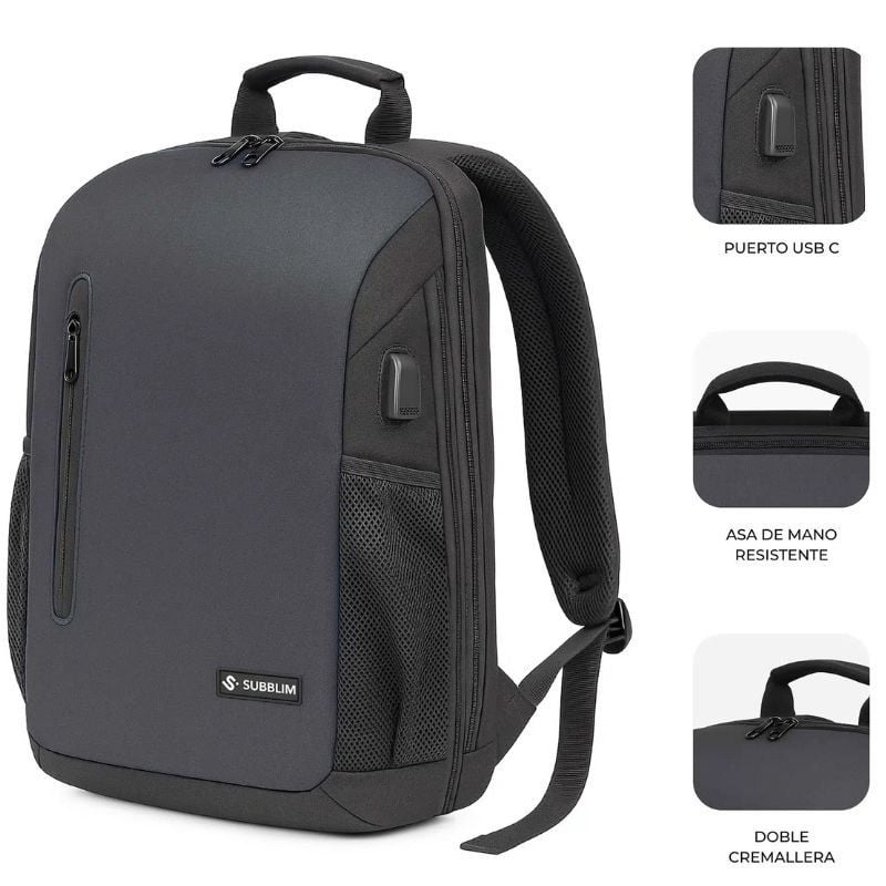 Mochila Subblim Xpand Air Padding Backpack para Portátiles hasta 15.6"/ 21L/ Puerto USB/ Negro