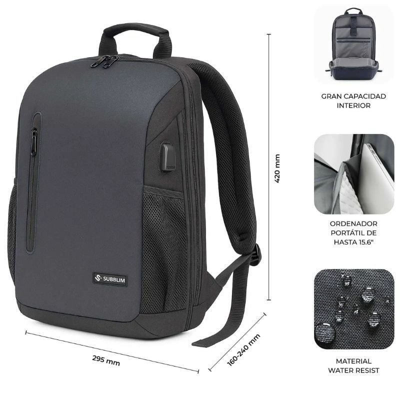 Mochila Subblim Xpand Air Padding Backpack para Portátiles hasta 15.6"/ 21L/ Puerto USB/ Negro