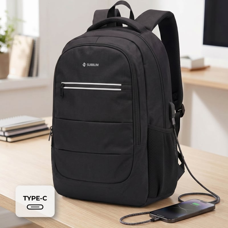 Mochila Subblim City Plus 26L Backpack para Portátiles hasta 16"/ Puerto USB/ Repelente al agua/ Reflectante/ Cinta para Trolley/ Negra
