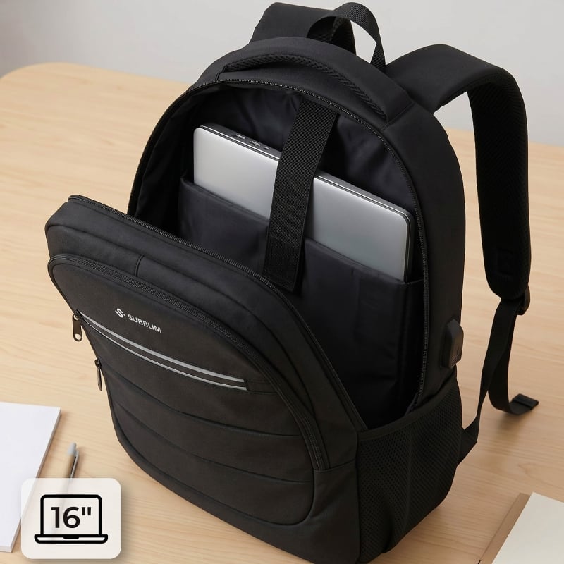 Mochila Subblim City Plus 26L Backpack para Portátiles hasta 16"/ Puerto USB/ Repelente al agua/ Reflectante/ Cinta para Trolley/ Negra
