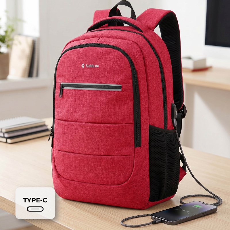 Mochila Subblim City Plus 26L Backpack para Portátiles hasta 15.6"/ Puerto USB/ Repelente al agua/ Reflectante/ Cinta para Trolley/ Roja