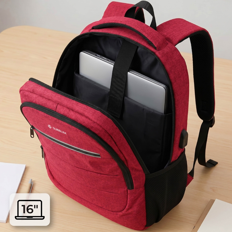 Mochila Subblim City Plus 26L Backpack para Portátiles hasta 15.6"/ Puerto USB/ Repelente al agua/ Reflectante/ Cinta para Trolley/ Roja