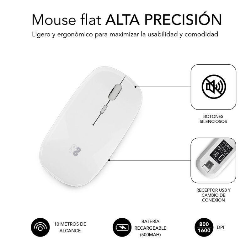 Ratón Inalámbrico Subblim Dual Flat/ Batería recargable/ Hasta 1600 DPI/ Blanco