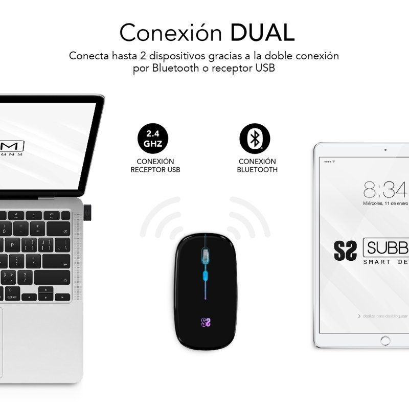 Ratón Inalámbrico Subblim LED Dual Flat/ Batería recargable/ Hasta 1600 DPI