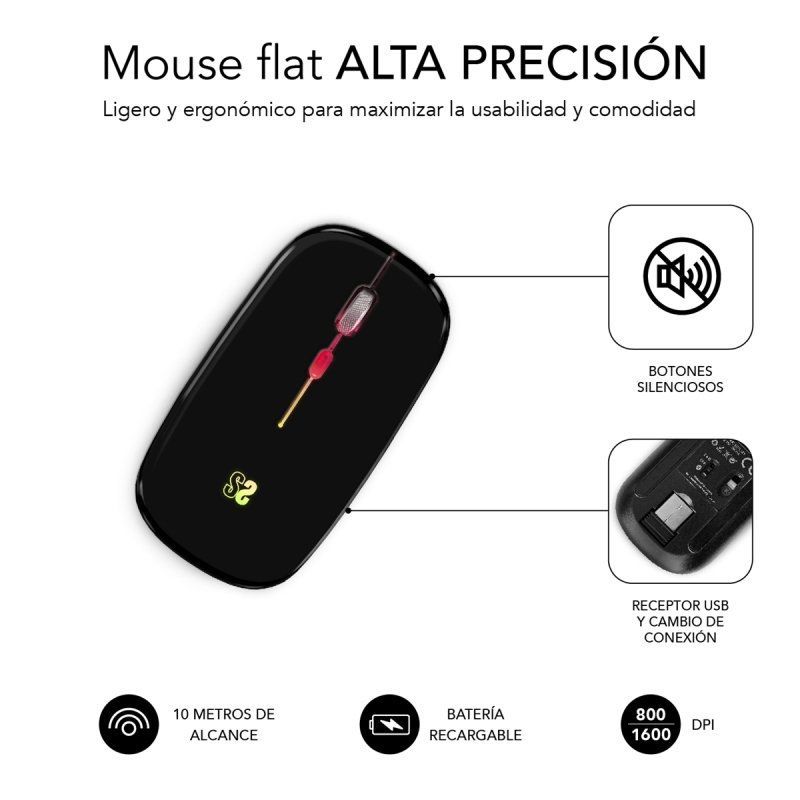 Ratón Inalámbrico Subblim LED Dual Flat/ Batería recargable/ Hasta 1600 DPI