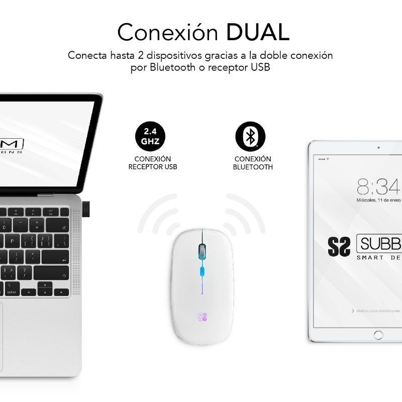 Ratón Inalámbrico Subblim LED Dual Flat/ Batería recargable/ Hasta 1600 DPI/ Blanco