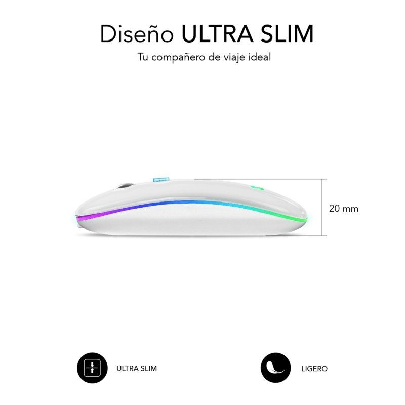 Ratón Inalámbrico Subblim LED Dual Flat/ Batería recargable/ Hasta 1600 DPI/ Blanco