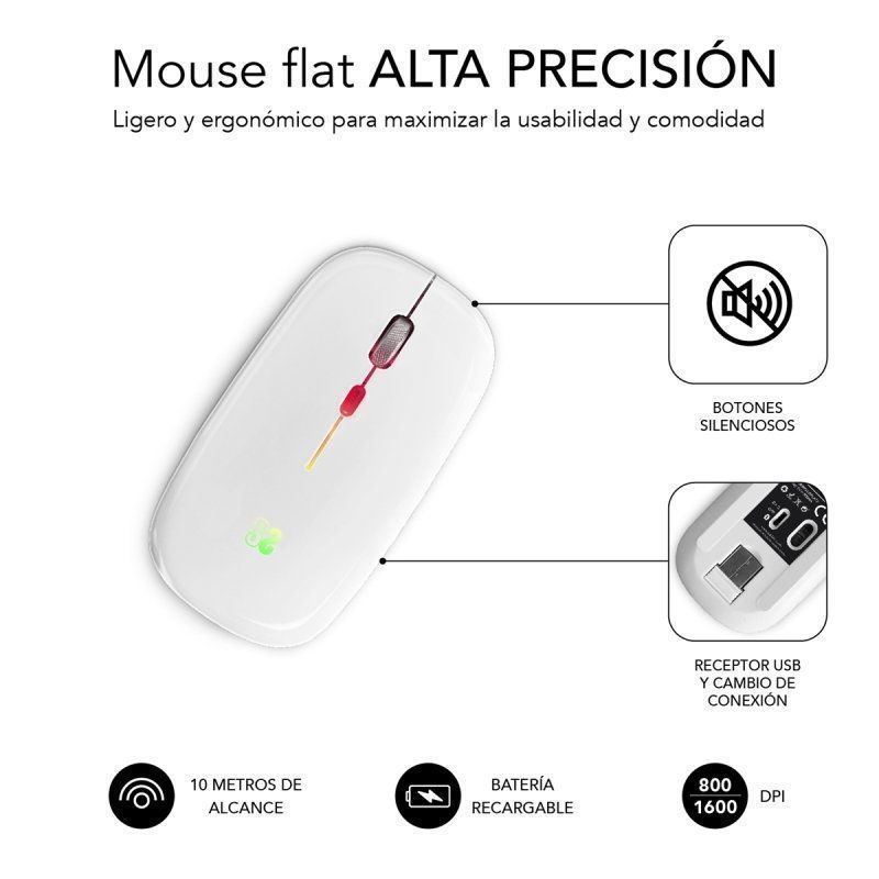 Ratón Inalámbrico Subblim LED Dual Flat/ Batería recargable/ Hasta 1600 DPI/ Blanco