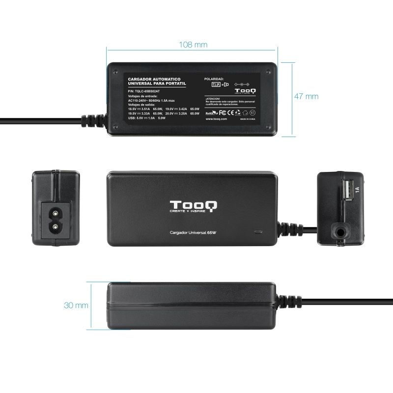 Cargador de Portátil TooQ TQLC-65BS02AT/ 65W/ 1xUSB/ Automático/ 8 Conectores/ Voltaje 18.5-20V/ 1 USB