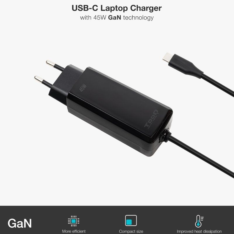 Cargador de Portátil GaN TooQ TQLC-USBCGAN45PD-C USB Tipo-C/ 45W/ Automático/ Voltaje 5-20V