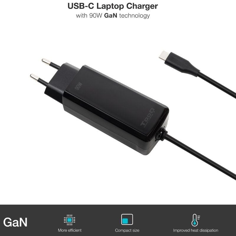 Cargador de Portátil GaN TooQ TQLC-USBCGAN90PD-C/ 1xUSB Tipo-C/ 90W/ Automático/ Voltaje 5-20V