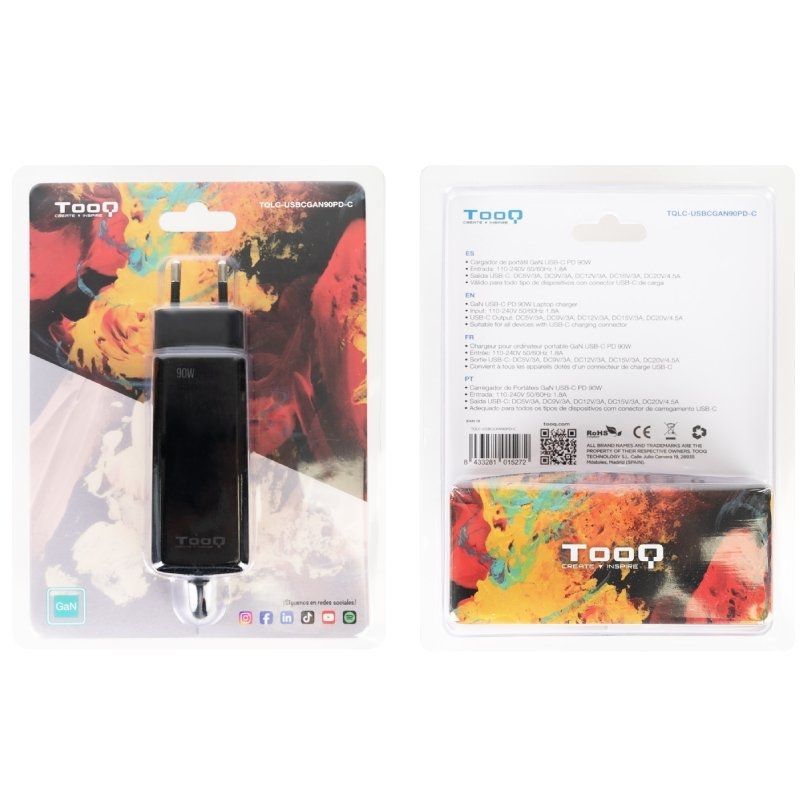 Cargador de Portátil GaN TooQ TQLC-USBCGAN90PD-C/ 1xUSB Tipo-C/ 90W/ Automático/ Voltaje 5-20V