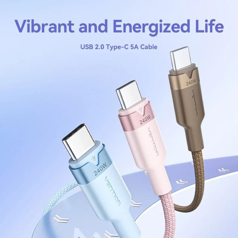 Cable USB 2.0 Tipo-C 5A Vention TRIPF/ USB Tipo-C Macho - USB Tipo-C Macho/ Hasta 240W/ 480Mbps/ 1m/ Rosa