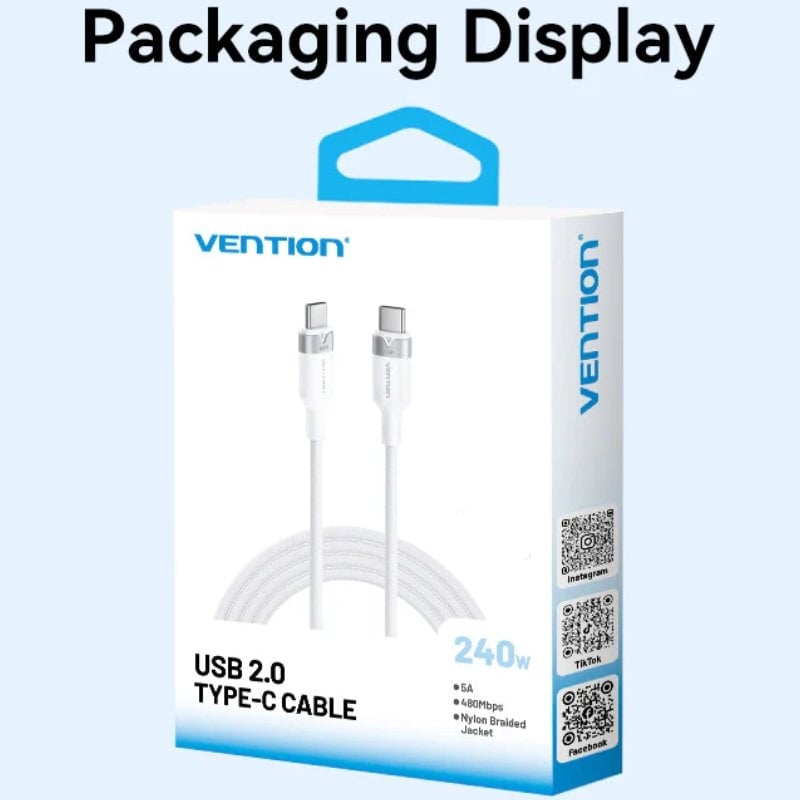 Cable USB 2.0 Tipo-C 5A Vention TRISH/ USB Tipo-C Macho - USB Tipo-C Macho/ Hasta 240W/ 480Mbps/ 2m/ Azul