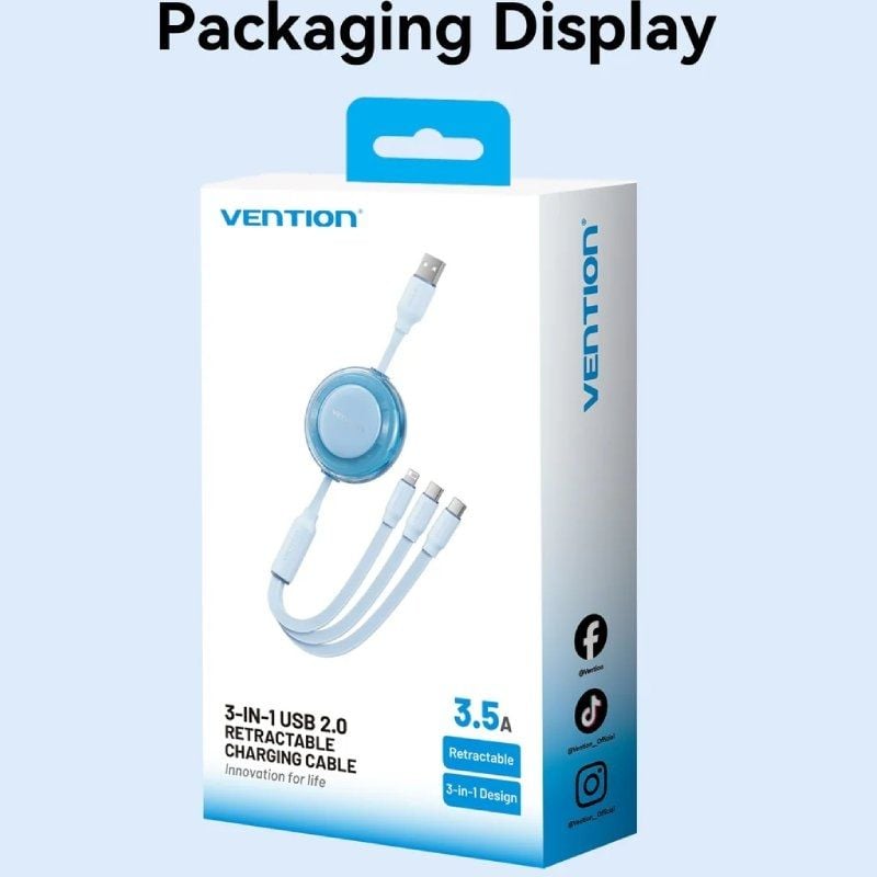 Cable USB Retráctil Vention TRJBBE/ USB Macho - Lightning/ 2xUSB Tipo-C/ Hasta 17.5W/ 10Gbps/ 1.1m/ Negro