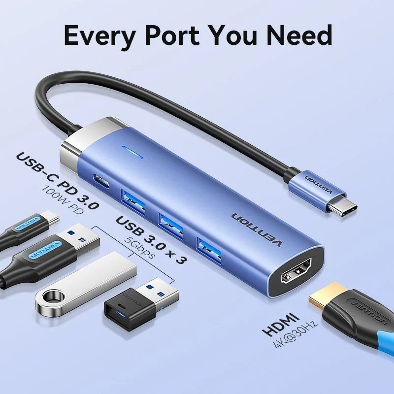 Docking USB Tipo-C Vention TGESB/ 3xUSB/ 1xHDMI 4K/ 1xUSB Tipo-C PD/ Azul