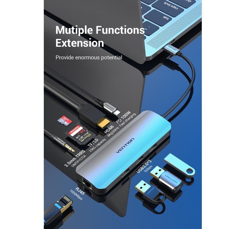 Docking USB Tipo-C Vention TOLHB/ 1xHDMI 4K/ 3xUSB/ 1xUSB Tipo-C PD/ 1xRJ45/ 1xLector Tarjetas SD/ 1x MicroSD/ Jack 3.5/ Gris